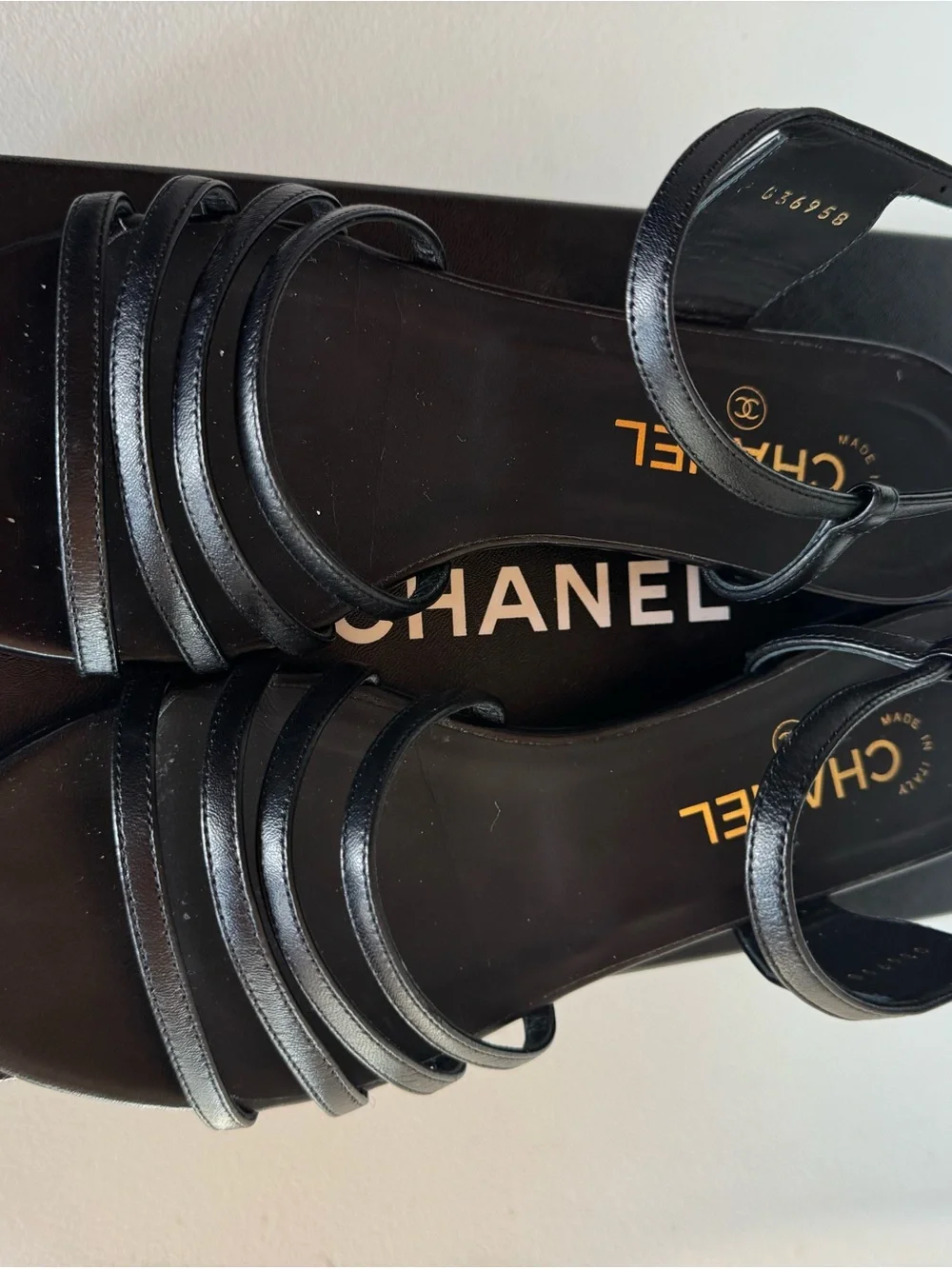CHANEL Black Lambskin Leather Strappy Sandals with Gold CC Emblems. EU 40